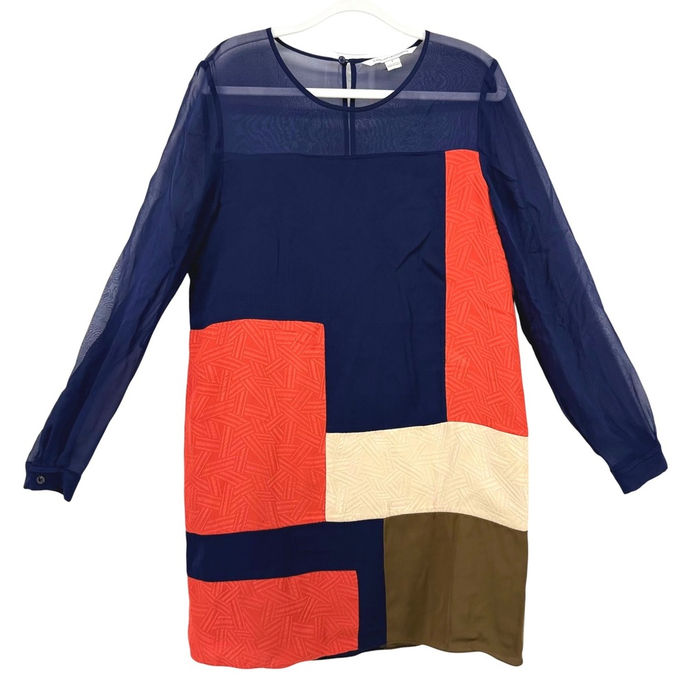Diane von Furstenberg DVF Navy Orange Colorblock Silk Sheer Sleeve Dress 8 Mod